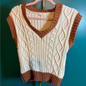 Tea n Rose V-Neck Sweater Vest Cream and Brown Cable Knit